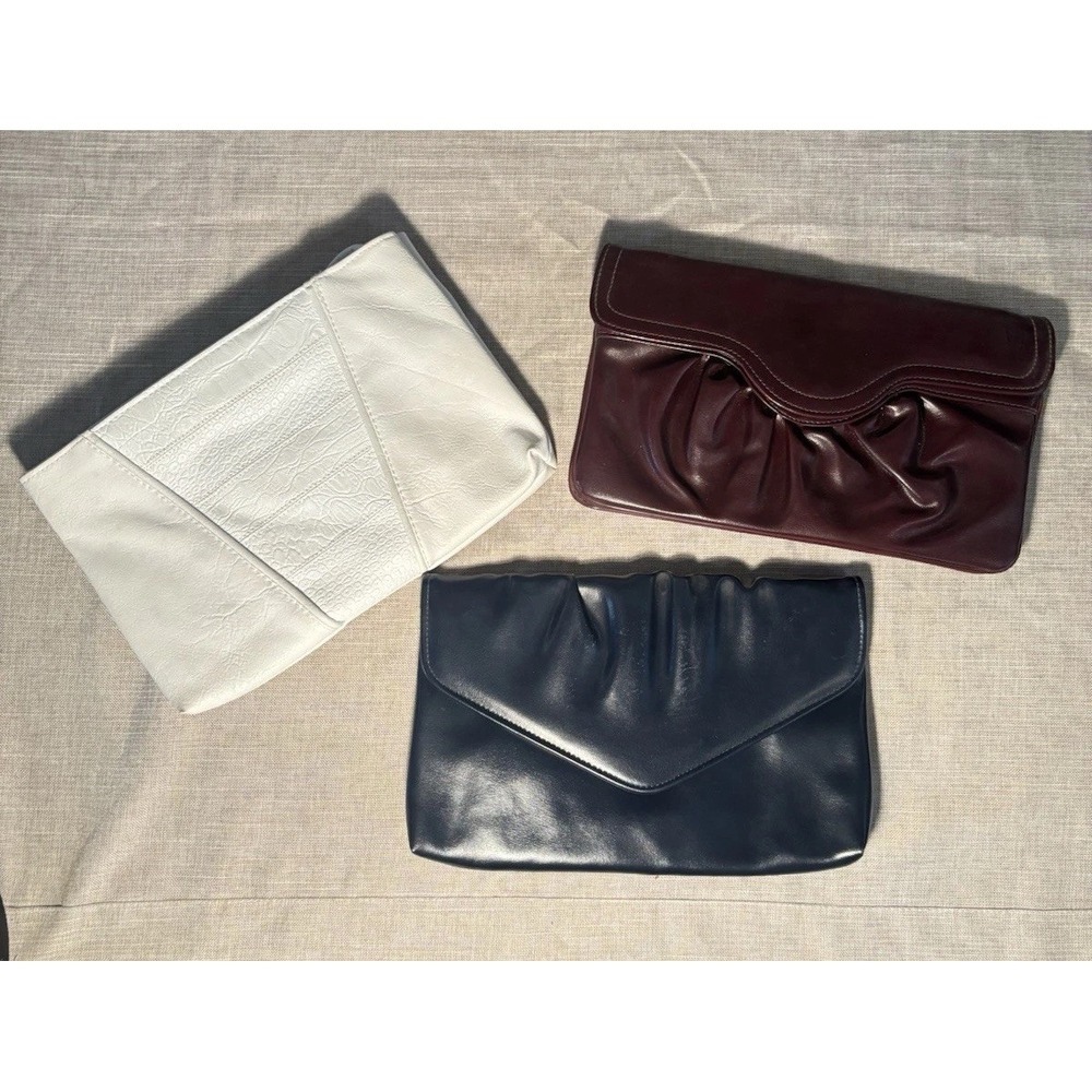 Lot of 3 Vintage Faux Leather Clutch Purses‎ Crossbody Bags Black White Burgundy